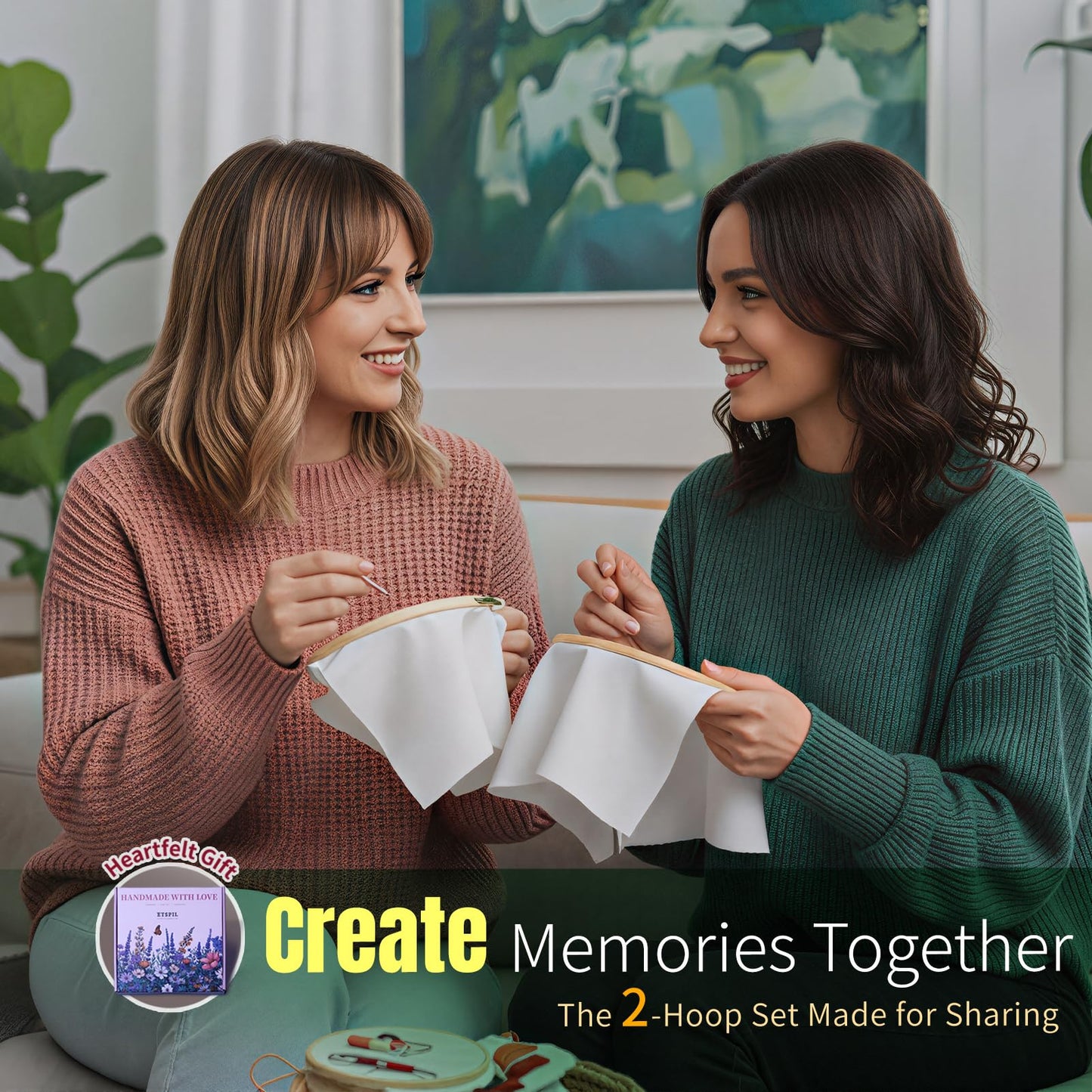 ETSPIL Embroidery Kit for Adults, 4 Pre-Printed Floral Patterns & 2 Hoops, Learn 33 Stitches via 4K HD Videos, Magnetic Needle Minder Included, Beginner-Friendly DIY Gift for Women