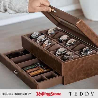 TAWBURY Bayswater 12 Slot Watch Box with Drawer (Brown) with a Set of 12 X-Small Pillows to Fit 5.5-6.5" Wrists