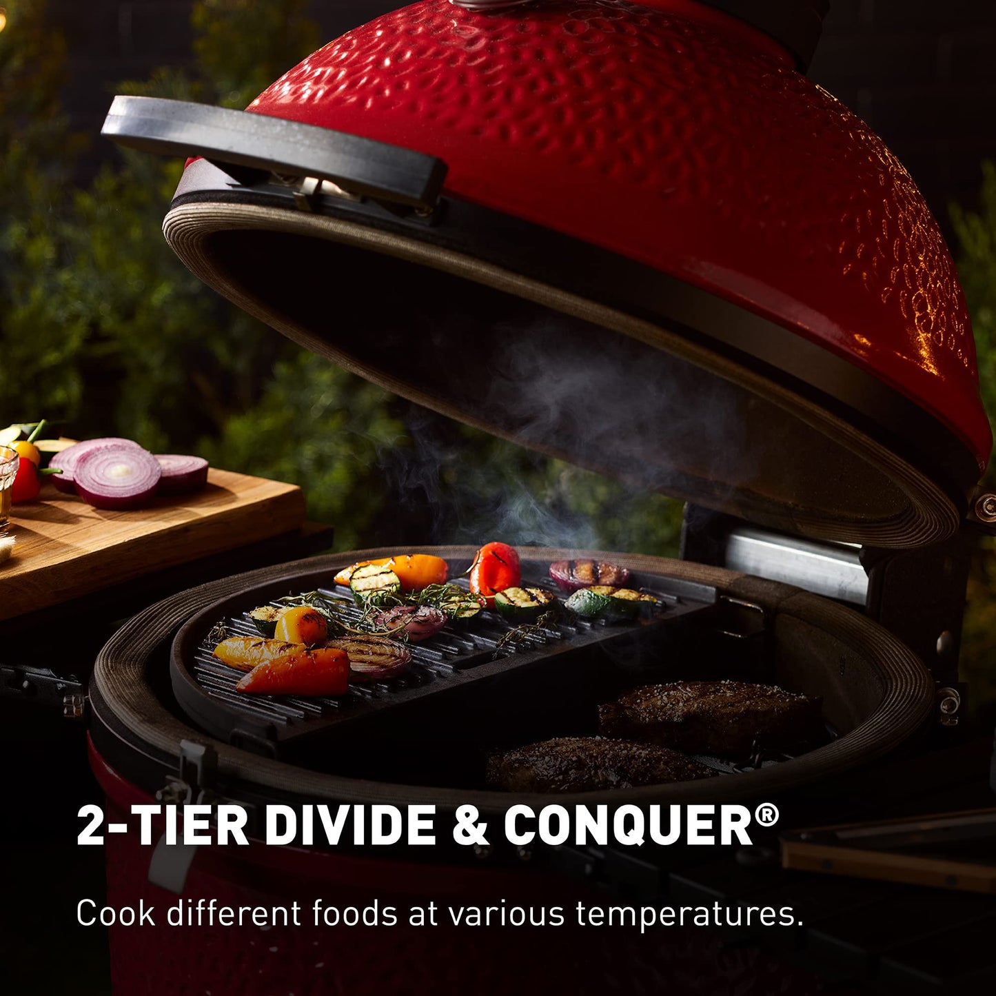Kamado Joe Classic Joe Series II 18-inch Ceramic Charcoal Grill and Smoker with Cart, Side Shelves, Stainless Steel Grates and 250 Cooking Square Inches in Red, Model KJ-23RHC
