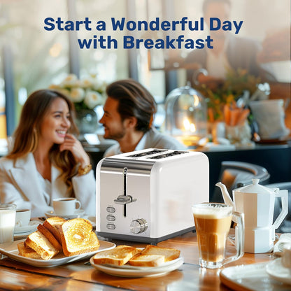 YSSOA 2-Slice Toaster - White, 6 Browning Settings, 3 Functions, Extra Wide Slot & Removable Crumb Tray for Bread &