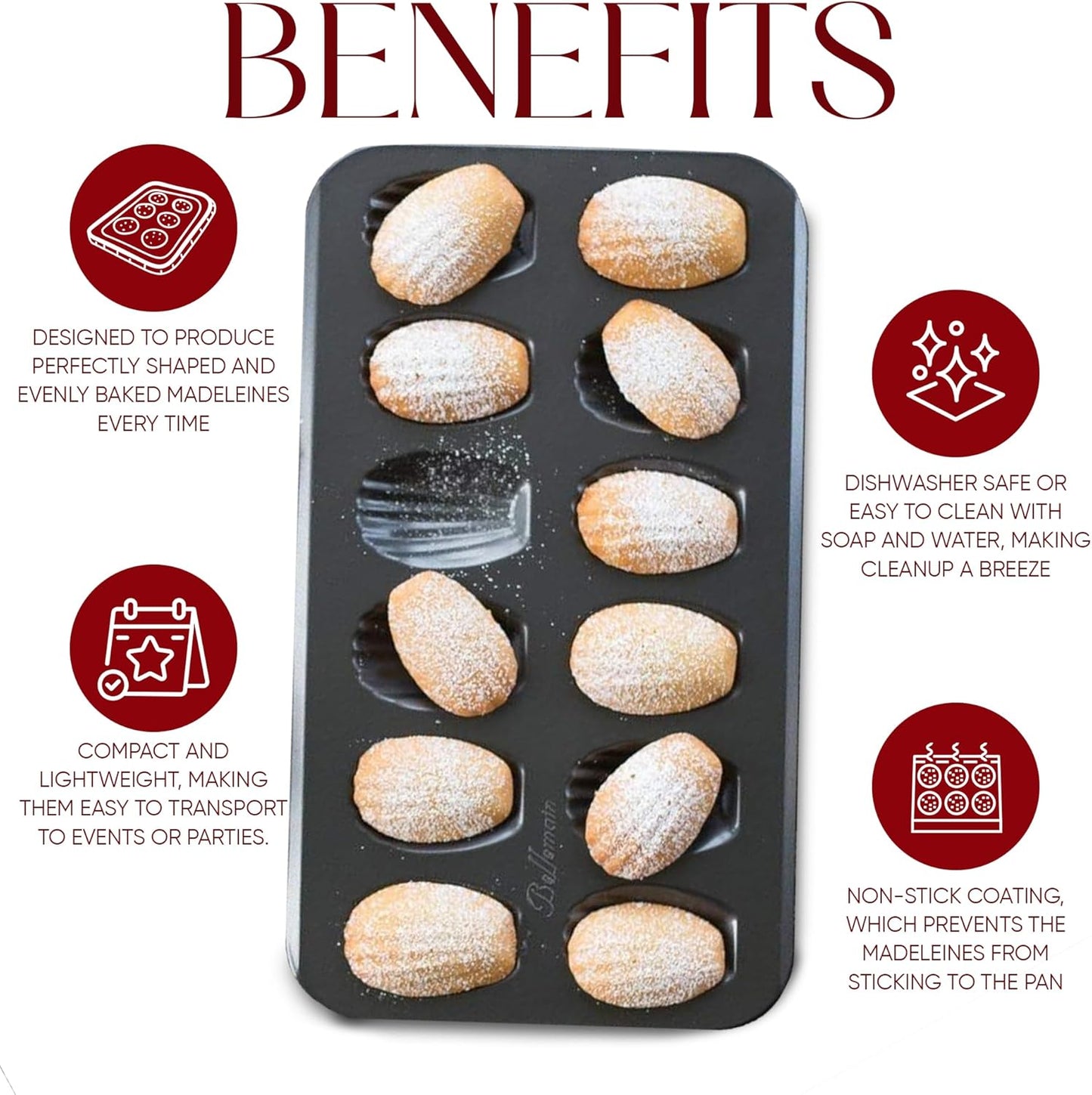 Bellemain Madeleine Pan - 12-Well Nonstick Tea Cake Pan for 12 Madeleines, Warp-Resistant Carbon Steel (2-Pack)