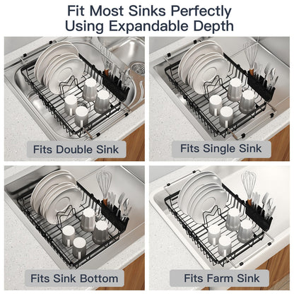 MAJALiS Expandable Stainless Steel Over The Sink Dish Drying Rack for Small Kitchen Counter Space Saving, Compact RV Plate Drainer Strainer in Black Wire Metal with Hanging Adjustable Utensil Holder