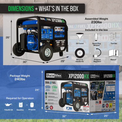 DuroMax XP12000HX 12,000-Watt Dual Fuel Portable Generator - Gas & Propane, Electric Start, Whole Home Power Backup, Transfer Switch Ready, RV & Emergency Ready