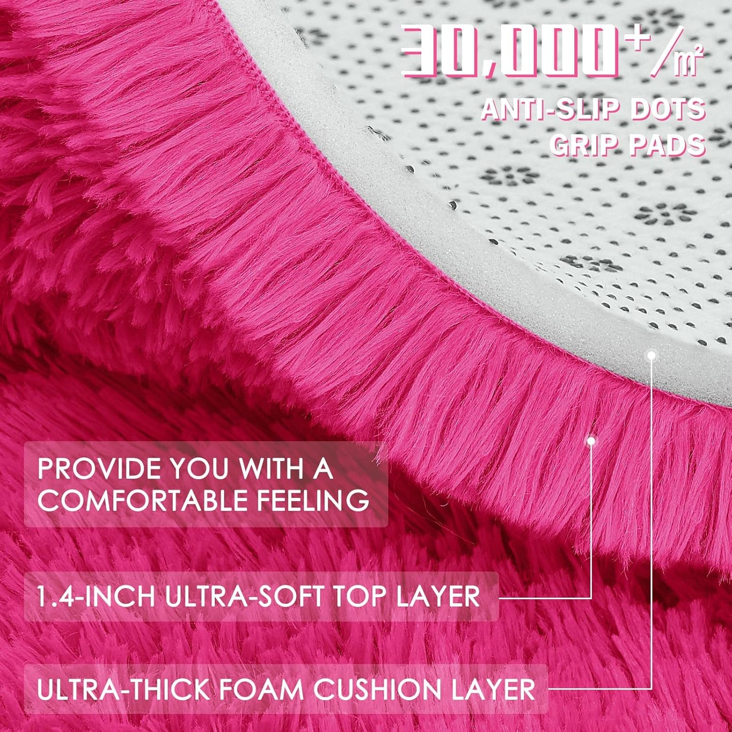 OLANLY Round Hot Pink Area Rug - Soft, Fluffy, Machine Washable 8 ft Circle Carpet for Bedrooms & Nurseries