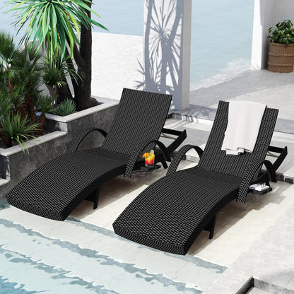 Rovibek 80'' Outdoor Wicker Chaise Lounge Chairs Set of 2, Pool Lounge Chairs with Pull-Out Side Table, Pool Lounge Chairs with Adjustable Recliners, All-Weather Design for Poolside Sunbathing, Black
