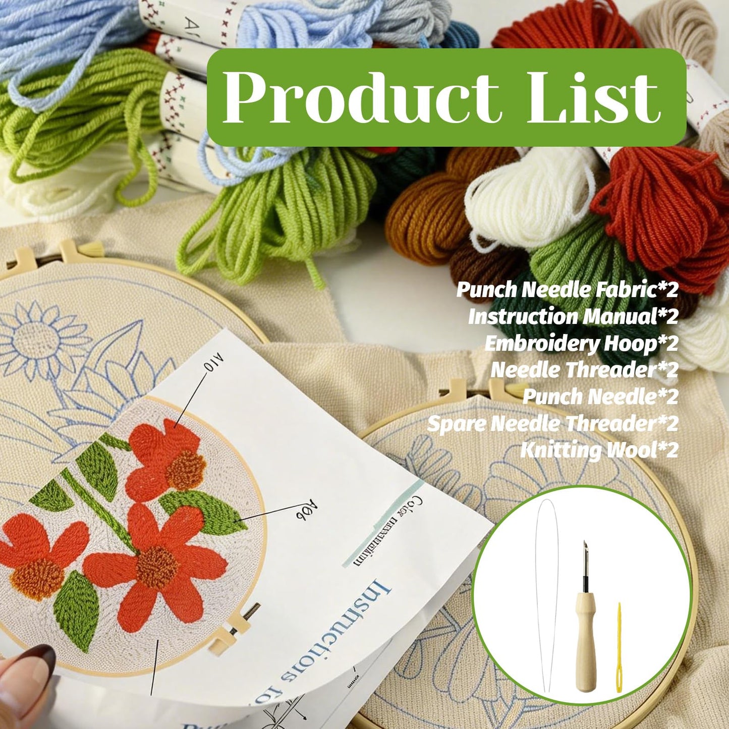 Betoom 2PCS Punch Needle Kits Adults Beginner, DIY Flower Dragonfly Punch Needle Kits for Adults with Patterns, Tools, Yarns, Hoop