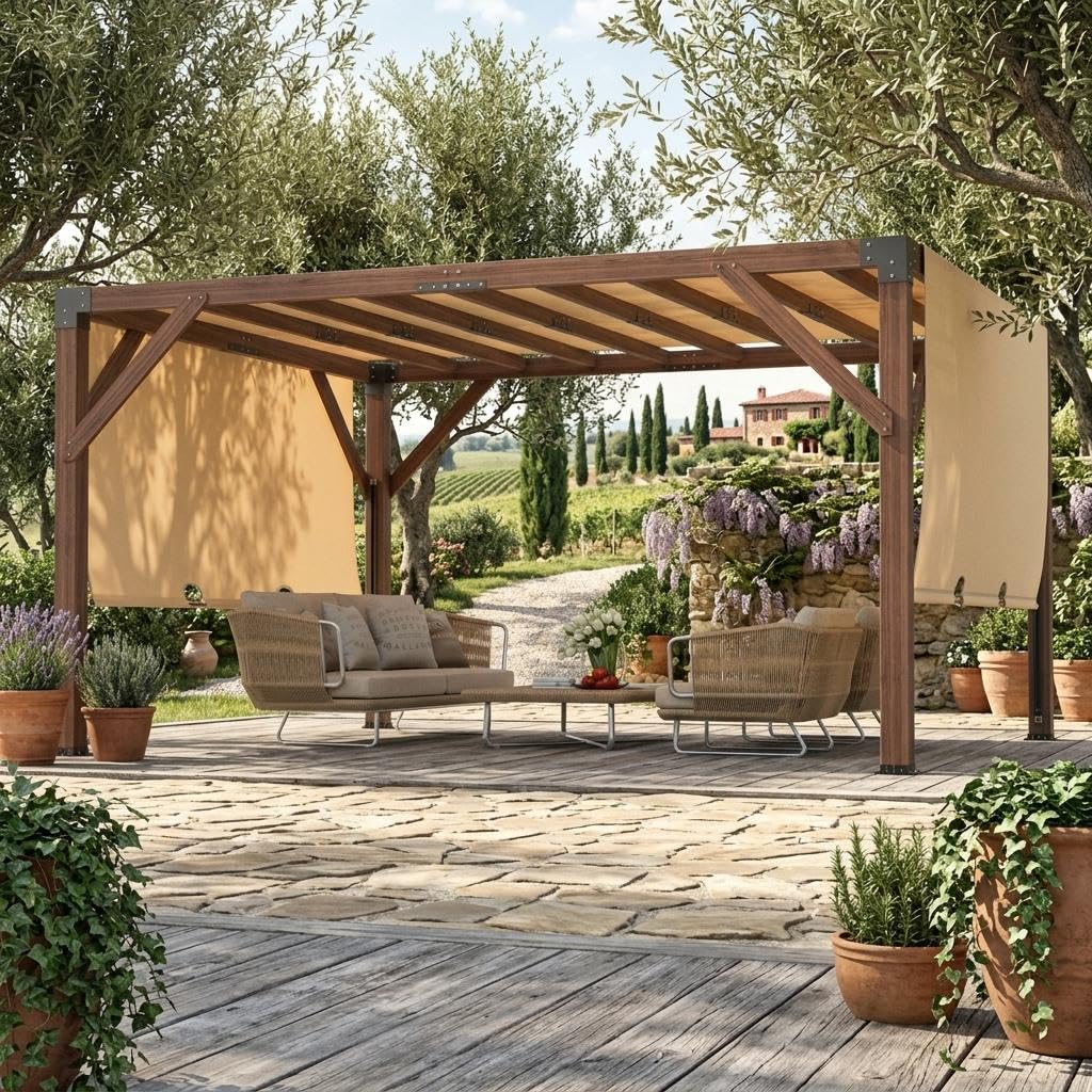Garvee 12' x 14' Cedar Wood Pergola with Retractable Canopy, Outdoor Patio Shade Structure with Dual-Layer Oxford Fabric, for Backyard, Deck, Garden