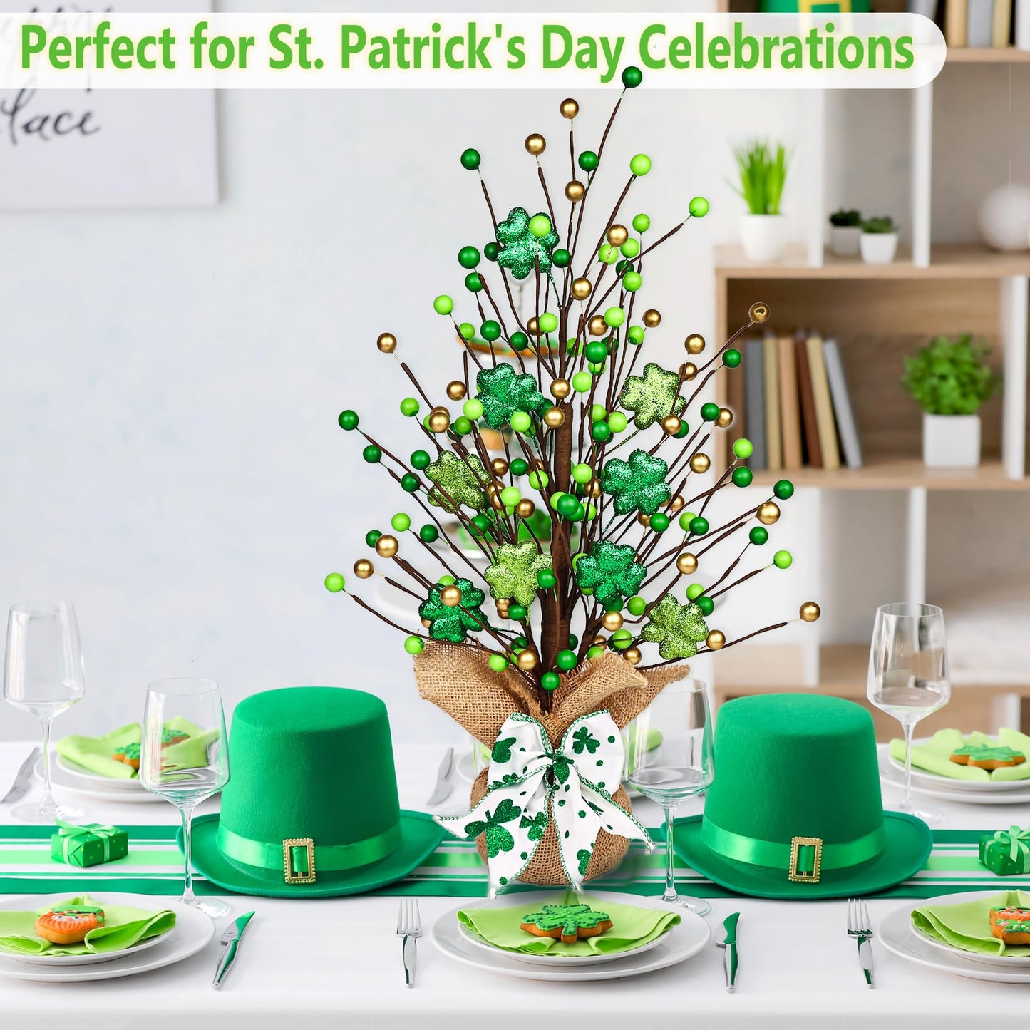 Lotus Hills St Patricks Day Decor, 20 Inch Shiny Shamrock Table Tree with Burlap Base and Bow, St Patricks Day Decorations, St Patricks Day Table Mantel Decor, Greenery Irish Shamrock Decorations