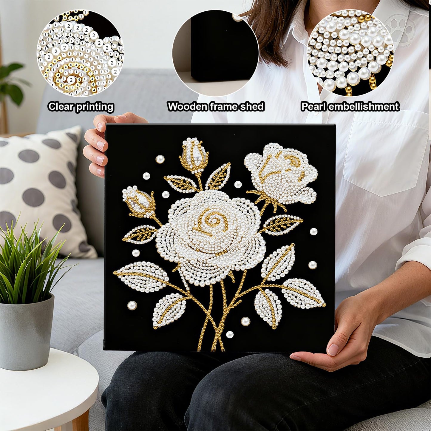 yzARTche Diamond Art Pearl Painting Kit, DIY Pearl Art Painting with Black Frame, Handmade Gem Dot Picture Craft for Home Wall Decor Present Set-21-Rose