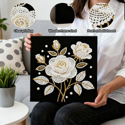 yzARTche Diamond Art Pearl Painting Kit, DIY Pearl Art Painting with Black Frame, Handmade Gem Dot Picture Craft for Home Wall Decor Present Set-21-Rose