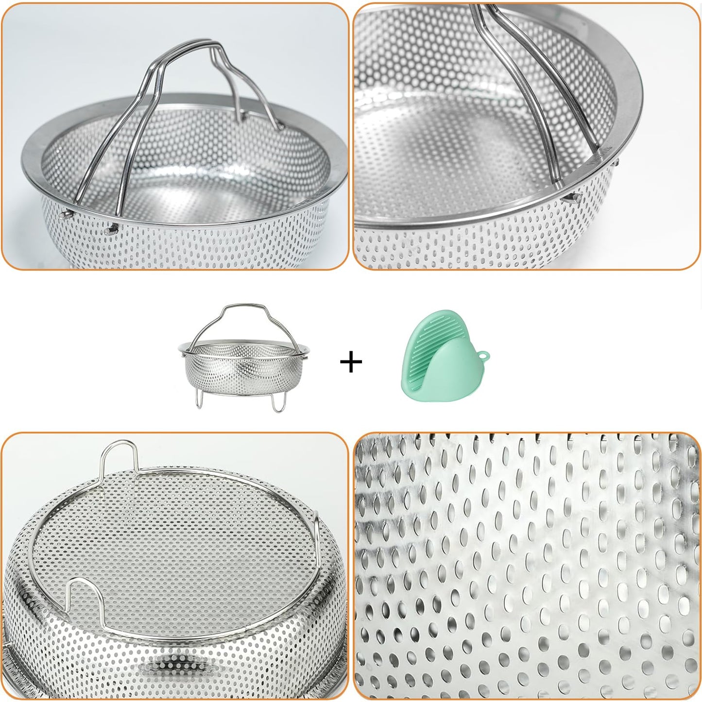 ICEICE Stainless Steel Steamer Basket - Vegetable & Dumpling Steamer Insert for Pots, Instant Pot Accessories with Handles & Feet, Multi-Purpose Mesh Strainer for Cooking, Fruits (Silvery, Small)