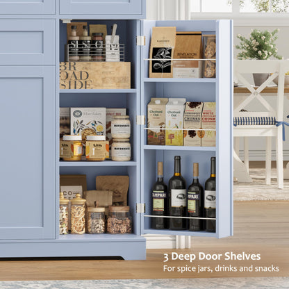 HOSTACK 68" Tall Kitchen Pantry Storage Cabinet, Modern Kitchen Hutch Cabinet with Doors and Shelves, Freestanding Food Pantry with Large Storage Drawer for Dining Room, Living Room, Light Blue