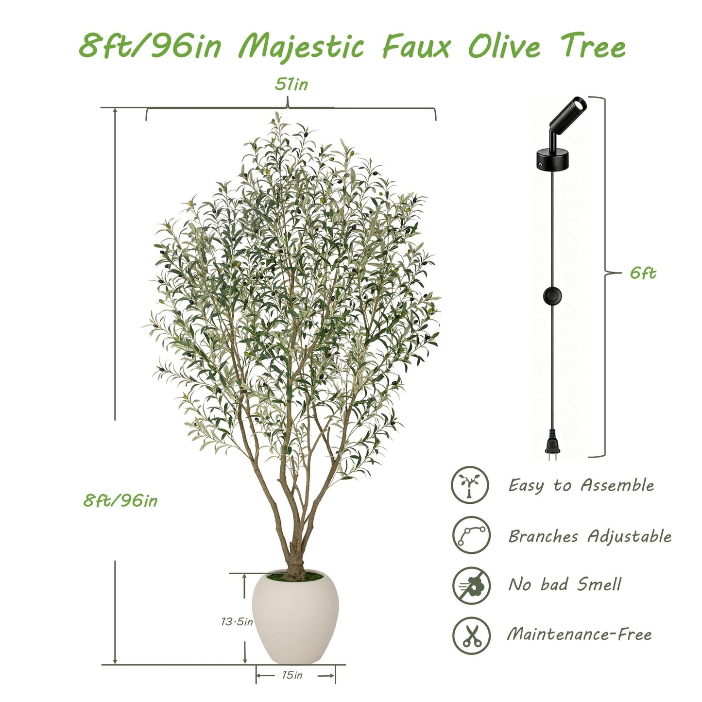 Nafresh 8FT Large Faux Olive Tree with 15''Wx13.5''H White Planter & Warm White Spotlight, Olive Trees Artificial Indoor with Multi Branches, Fake Olive Tree for Indoor Outdoor Home Office Decor