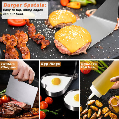 N NOBLE FAMILY 27 PCS Griddle Accessories Kit, Flat Top Grill Accessories Set for Camping, Professional Griddle Spatula Set with Melting Dome, Burger Press for Outdoor BBQ Cooking