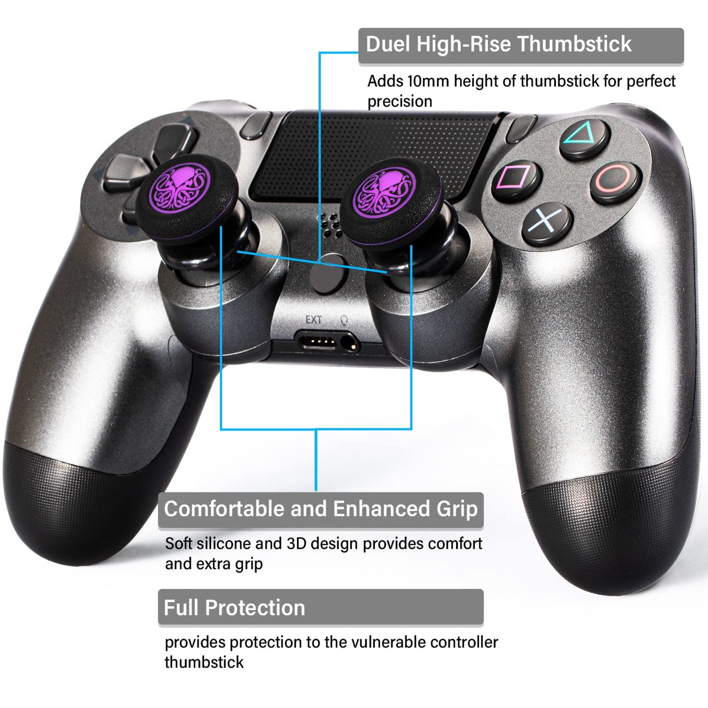 Playrealm FPS Thumbstick Extender & Printing Rubber Silicone Grip Cover 2 Sets for PS5 Dualsenese & PS4 Controller (Cthulhu Secret)