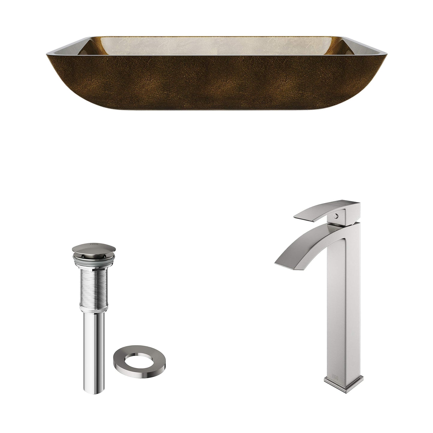 VIGO 22" L -14" W -12" H Donatello Glass Rectangular Vessel Sink Set in Copper with Faucet and Drain -VGT513