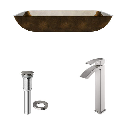 VIGO 22" L -14" W -12" H Donatello Glass Rectangular Vessel Sink Set in Copper with Faucet and Drain -VGT513