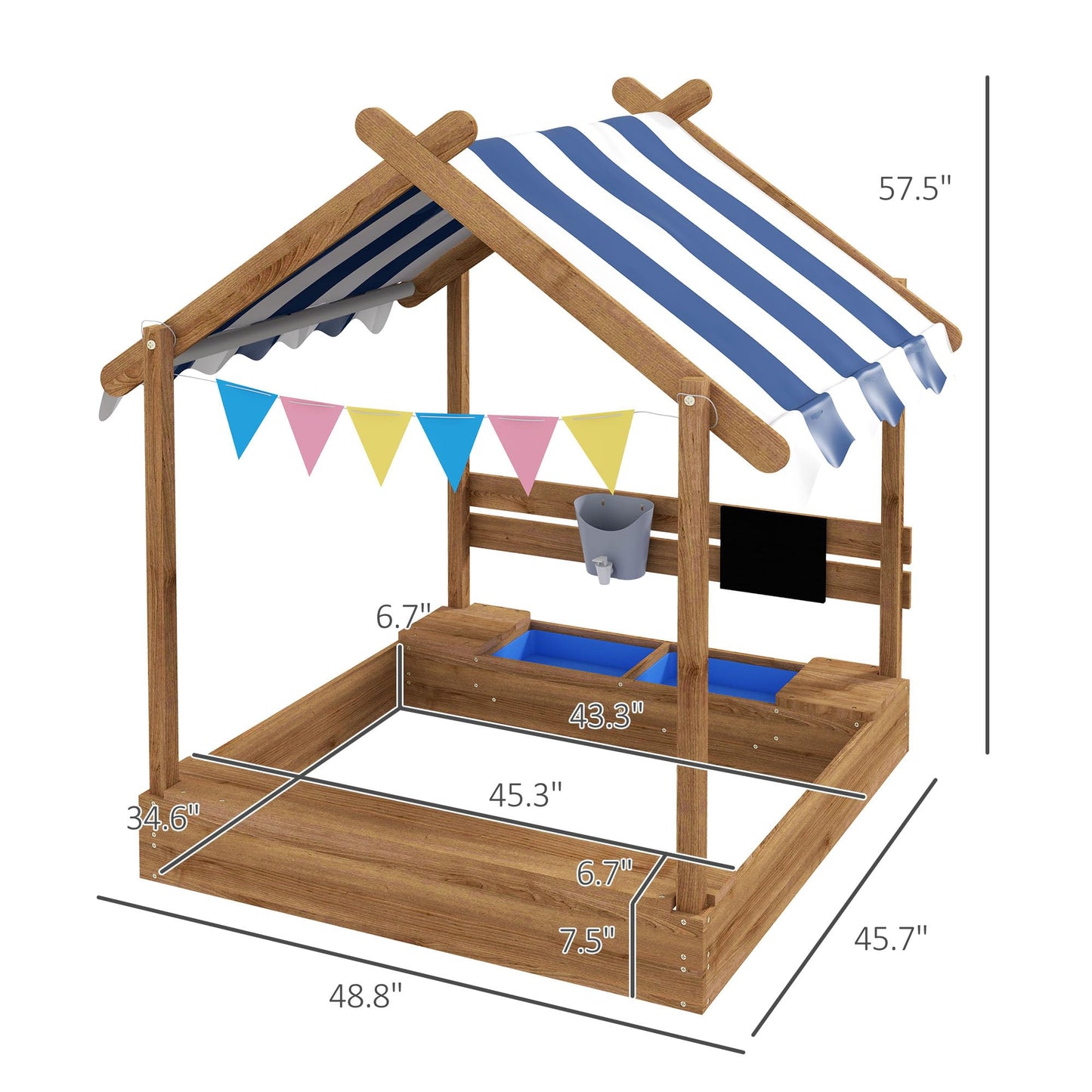Gecheer Wooden Sandbox with Canopy House Design for Kids Ages 3-7 – Weather-Resistant Fir Wood Play Set with Sink, Basins, Bucket & Blackboard