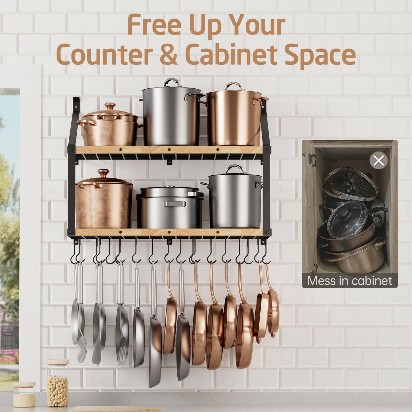 KES 132lb Heavy Duty Hanging Pot Rack Wall Mounted, 34 Inch Solid Wood Pot Rack Wall Mounted with 20 Sturdy Hooks, 2-Tier Wooden Pots Hanger Organizer Matte Black, KUR529S85B-BK