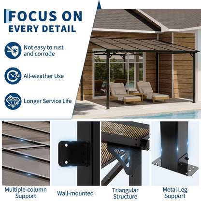 10x12 ft Wall-Mounted Lean-to Gazebo, Outdoor Patio Cover Awning with Heavy-Duty Aluminum Frame & UV-Resistant Polycarbonate Roof, All-Weather Hardtop Canopy for Deck, Yard & Parties