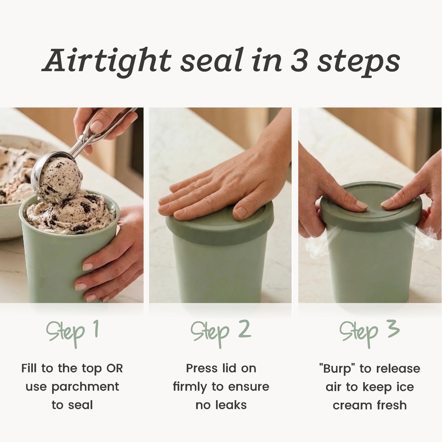 StarPack 'Freeze The Day' Homemade Ice Cream Containers (2-Pack, 1 Quart) - Airtight Silicone Lids, BPA-Free Reusable Ice Cream Freezer Containers with Lids, Stackable - Sage and Pink