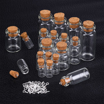 Sherli 45 Pcs Small Mini Glass Bottles with Cork Stoppers Small Glass Jars with Lids Tiny Spell Jars with 50 Eye Screws and 3 Funnels for DIY Art Craft(0.5ml, 1ml, 3ml, 5ml, 10ml)