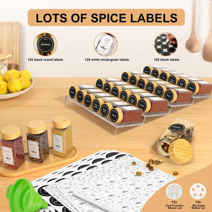 24 Spice Jars with Spice Drawer Organizer, 355 Spice Labels, 2 Pack Expandable From 11'' to 21'' Acrylic Spice Rack for Drawer, Seasoning Containers Storage Organization for Kitchen Cabinet Countertop