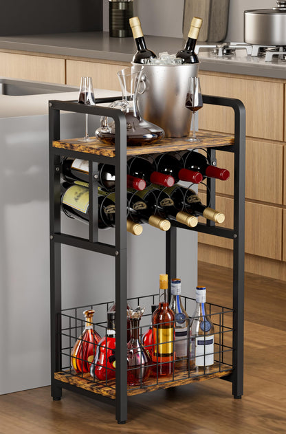 Ansionsol 3-Tier Wine Rack Freestanding Floor with Wood Top, Liquor Stand with Wine Bottle Holder, Corner Wine Bar Table for Small Space, Metal Whiskey Shlef for Kitchen, Cellar, Living Room, Black
