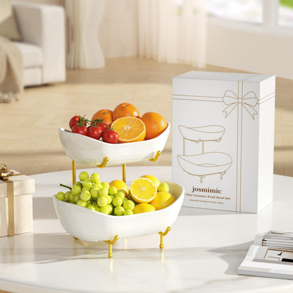 Josmimic 2 Tier Ceramic Fruit Bowl for Kitchen Counter – Fruit Basket with Gold Metal Stand, Holder for Snacks, Nuts, Cakes, Desserts, Bread, Candy Storage