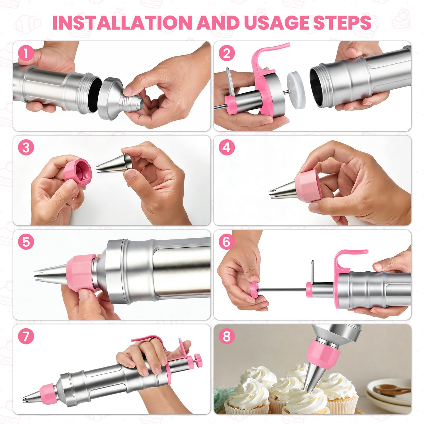 Dessert Decorating Syringe Set - Cupcake Icing Piping Kit, Cupcake Frosting Filling Injector with 54 Piping Icing Nozzles, 9 Silicone Cupcakes, 3 Cream Scrapers -for Cake,Cupcakes,Cookie (69Pcs-Pink)