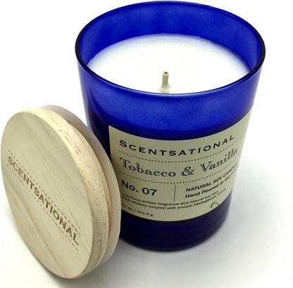 Scentsational Tobacco and Vanilla Natural Soy Candle - 11 oz - Hand Poured Blue Jar with Wooden Lid - Earthy Sweet Smell