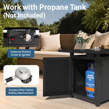 FansaFurn 43” Outdoor Propane Fire Table Set with Heavy-Duty Glass Stones, Glass Wind Guard, Lid & Water-Resistant Cover, 50,000 BTU Metal Fire Pit Table, Rectangle Fire Pit Table for Patio, Deck