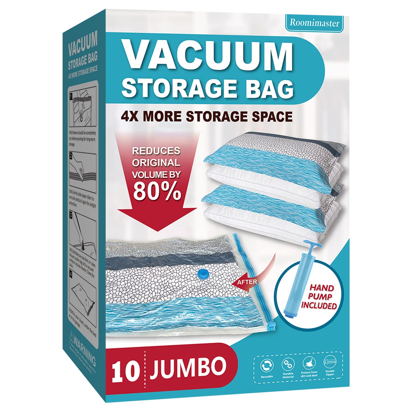 Roomimaster Vacuum Storage Bags, Vacuum Seal Space Saver Bags for Clothing, Travel Lugggage, Carry-on, Blankets, Pillow, Comforters, Bedding, 10 Jumbo