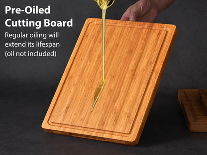 Allsum Carbonized Bamboo Wood Cutting Boards for Kitchen, 1” Thick Wooden Butcher with Juice Grooves and Handles, Cute Cheese Charcuterie Boards as a Gift for Chef, Family, 3 Pack