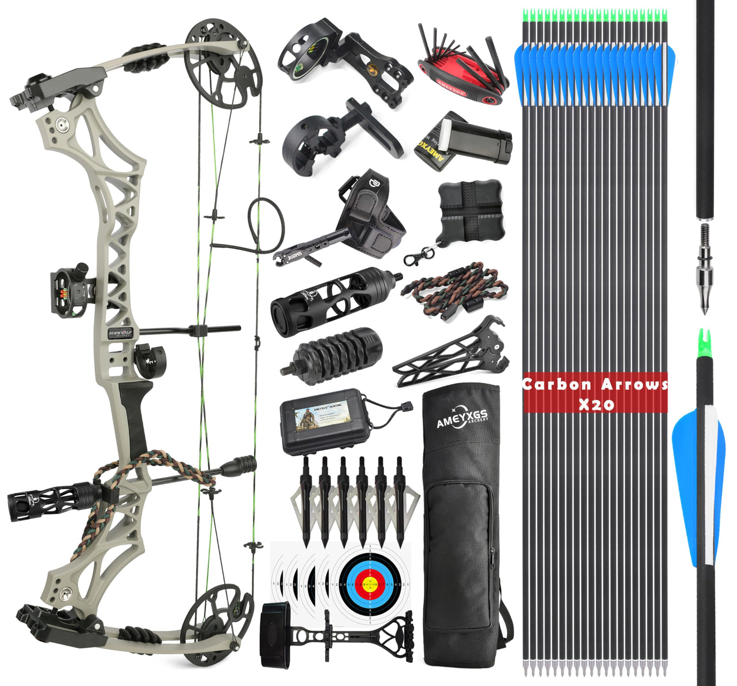 surwolf Compound Bow Kit, Hunting and Target, Limb Made in USA,Draw Weight 30-70 lbs Adjustable, Draw Length 19-30.5",up to IBO 320FPS Speed, Package with Archery Hunting Accessories (Grey)