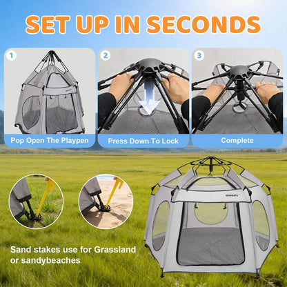 Asweets 4 in 1 Pop Up Playpen Indoor and Outdoor Portable, Lightweight Baby Playpen with Travel Bag,Baby Beach Tent and Play Toddler Play Yard Canopy(Light Grey)
