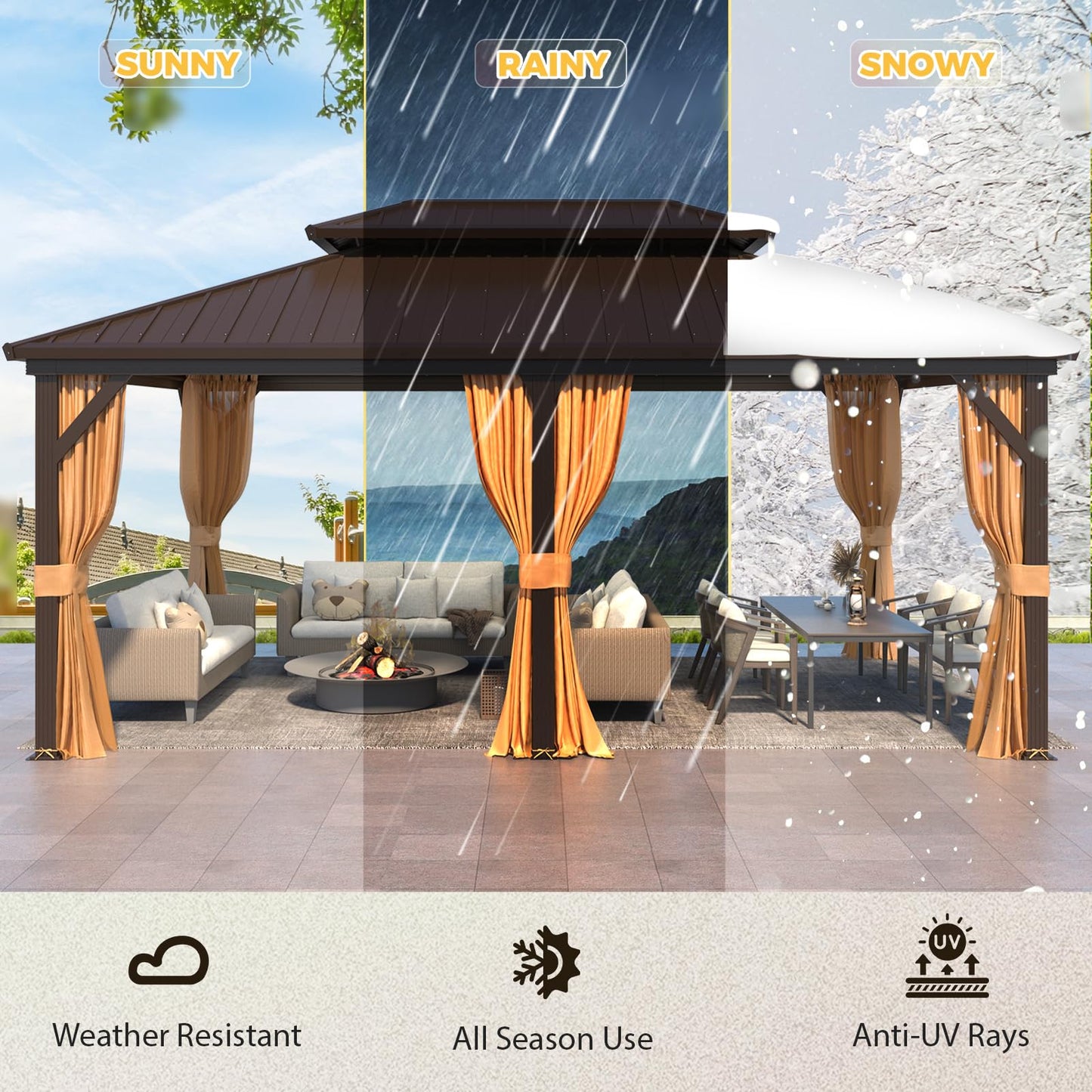 YOLENY 12' x 18' Gazebo Hardtop with Aluminum Frame,Galvanized Steel Double Roof Gazebos with Curtain and Netting,Outdoor Metal Pergolas for Garden, Lawn, Deck, Brown