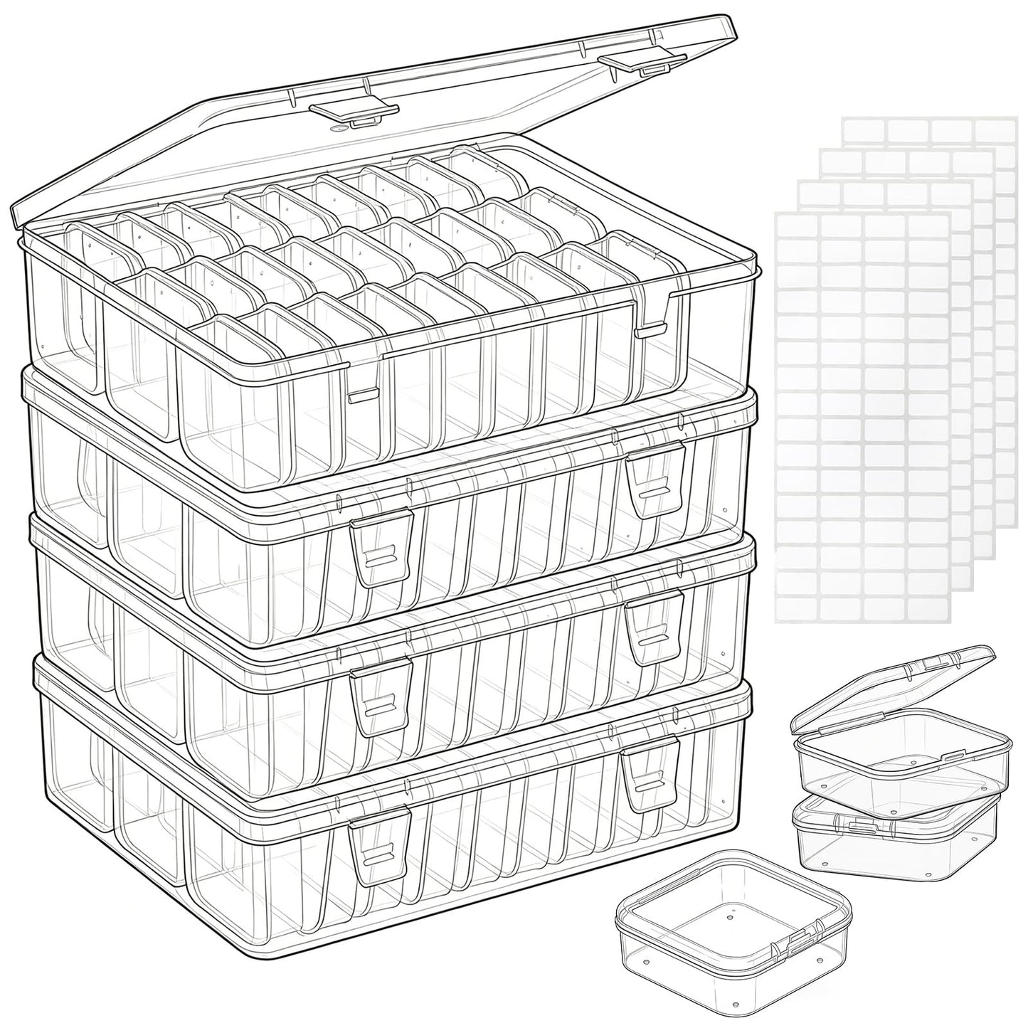 124 Pack Bead Organizer Box, Transparent Small Plastic Containers (4 Large Boxes and 120 Small Boxes), Bead Organizers and Storage with Blank Stickers for Bracelet Making DIY Jewelry Craft Nail