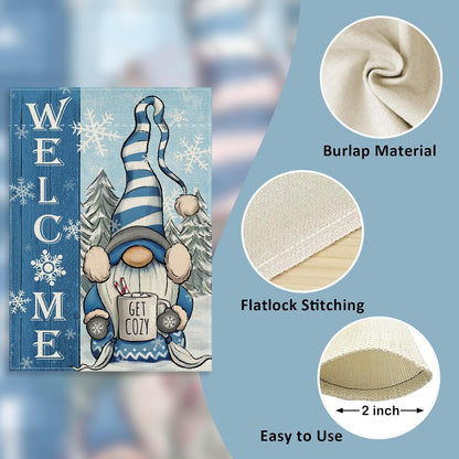 Welcome Winter Gnome Decorative Garden Flag, Blue Christmas Holiday Seasonal Burlap, 12 x 18 Double Sided Yard Decor