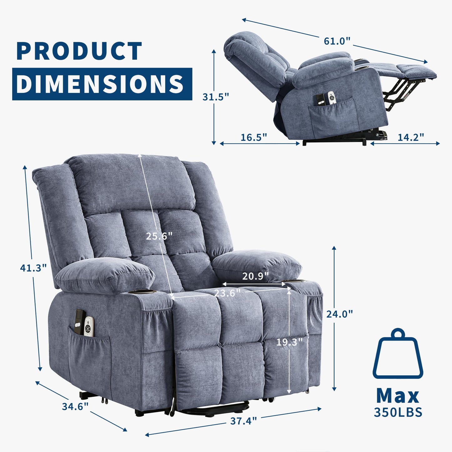 Garvee Power Lift Recliner Chair with Massage and Heat for Elderly Adults Lazy Boy Single Sofa Seat with 3 Positions 2 Side Pockets Cup Holders USB Ports Remote Control