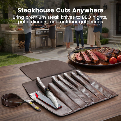 SYOKAMI Steak Knives Set of 6 with Portable Leather Roll & Individual Sheaths, 4.8 Inch Non Serrated Dinner Knives, High Carbon Stainless Steel, Full Tang Wood Handle, Gift Box for BBQ Outdoor Dining