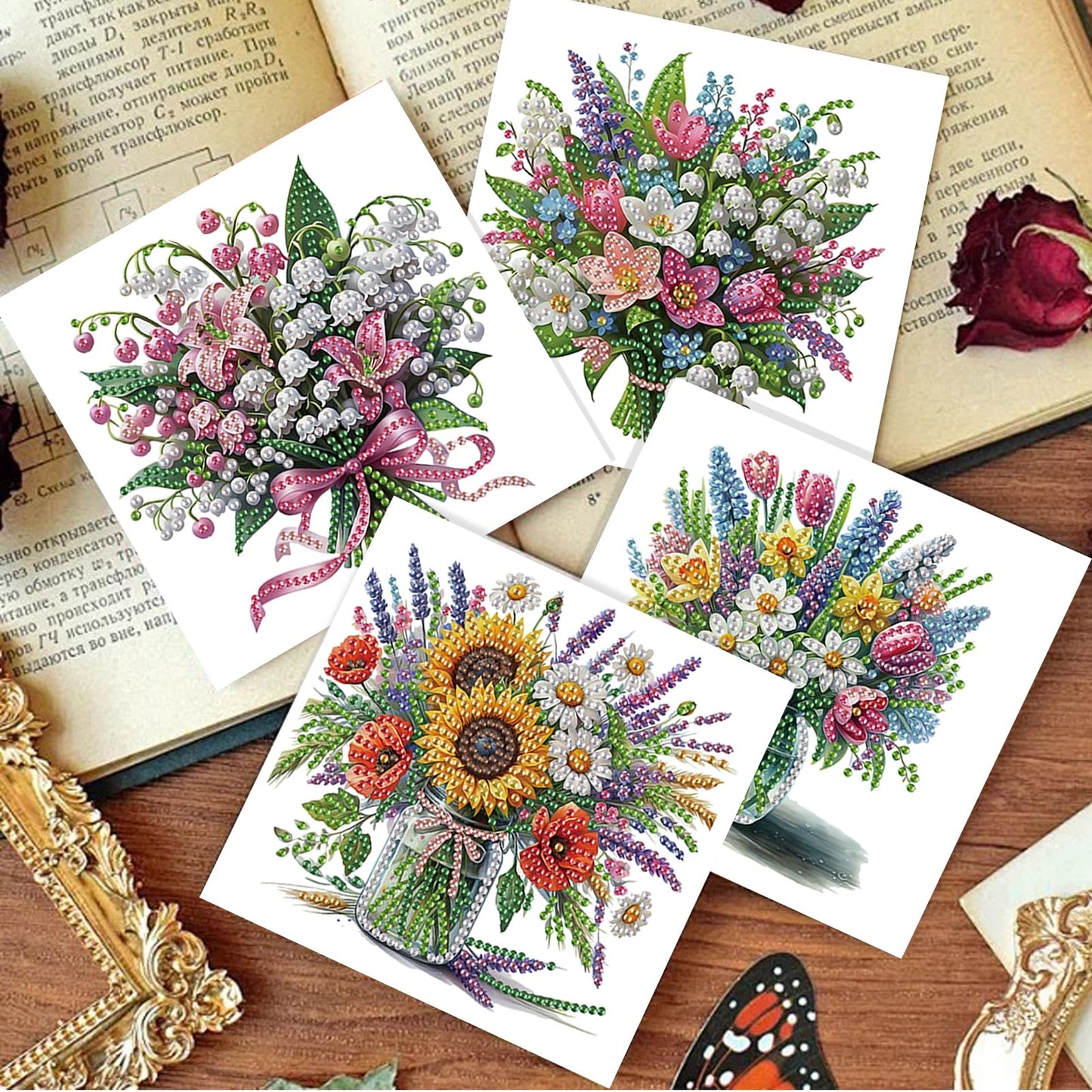 SHEGZHUC 6 Pack Diamond Painting Gift Card Diamond Art Kits for Adults Birthday Wedding Anniversary Greeting Get Well Congratulations Thank You Cards with Envelopes || Flowers in Vase Bouquets