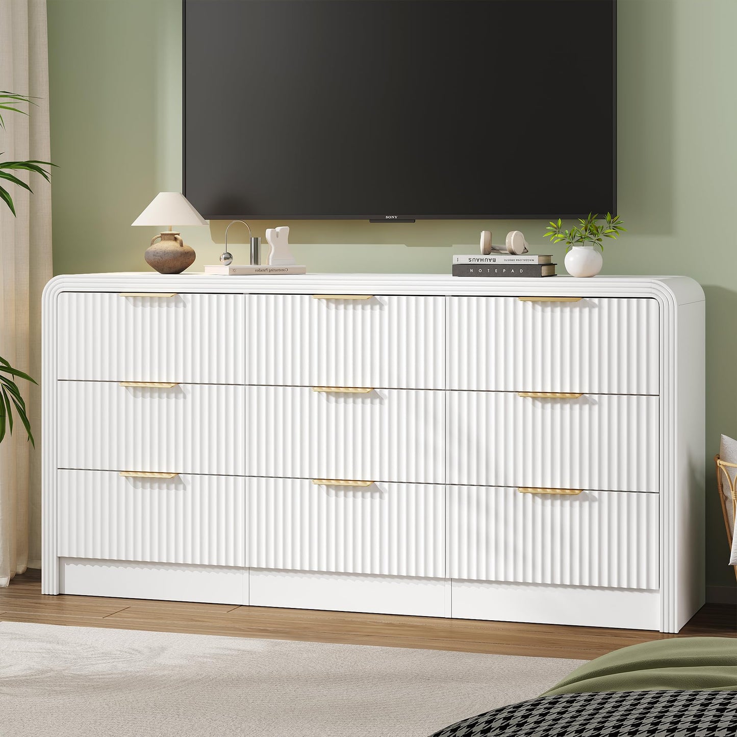 Decofy Fluted 9 Drawers Dresser, 63'' Wide Modern Chest of Drawers with Round Edge & Metal Handle, Wood Drawer Organizer for Bedroom, Living Room, White
