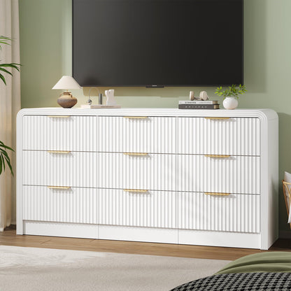 Decofy Fluted 9 Drawers Dresser, 63'' Wide Modern Chest of Drawers with Round Edge & Metal Handle, Wood Drawer Organizer for Bedroom, Living Room, White