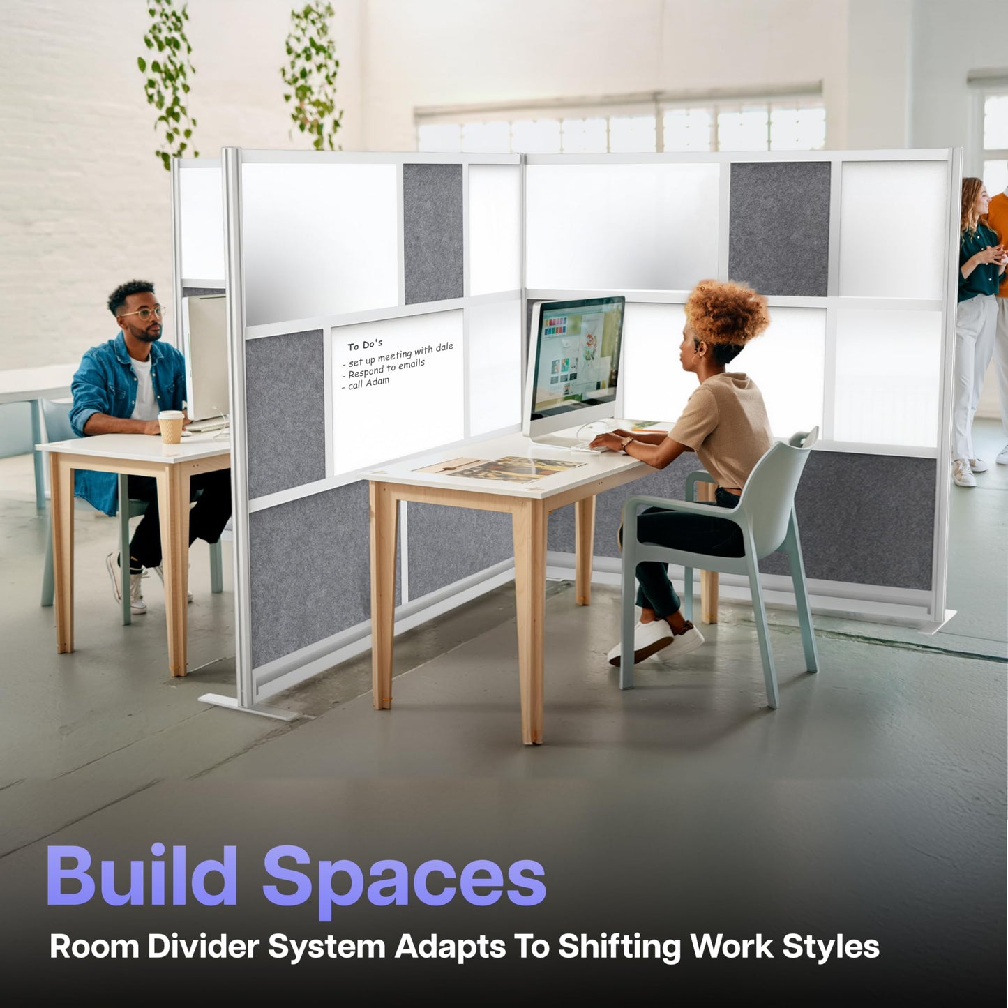 Room Divider for Office Privacy – Modular Freestanding Partition with Whiteboard, PET Acoustic Panel, and Frosted Acrylic, Workflow Multi-Functional Wall, Gray Frame, Easy Assembly (70” x 70”)