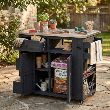 Merax Outdoor Extendable Kitchen Island with Storage, Stainless Steel Top Grill Table with Side Spice Rack, Solid Wood Kitchen Cart with Drawers and Storage Cabinet for Backyard, BBQ, Party