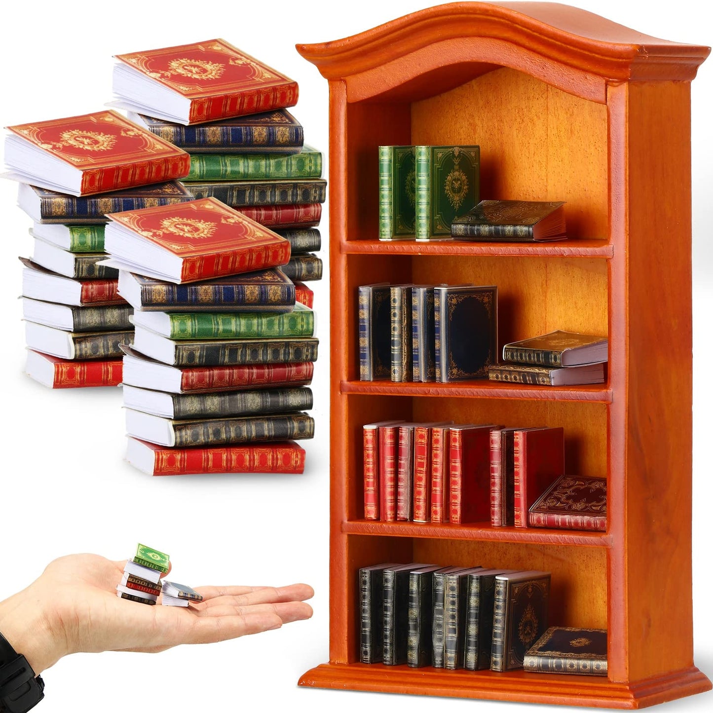 Miniatures Book and Bookshelf Set Includes 27 Pcs 1:12 Scale Miniatures Dollhouse Books 1 Pcs Wooden Bookcase 4 Floors Furniture Display Bookshelf Cabinet Dollhouse Decoration for Mini House Library