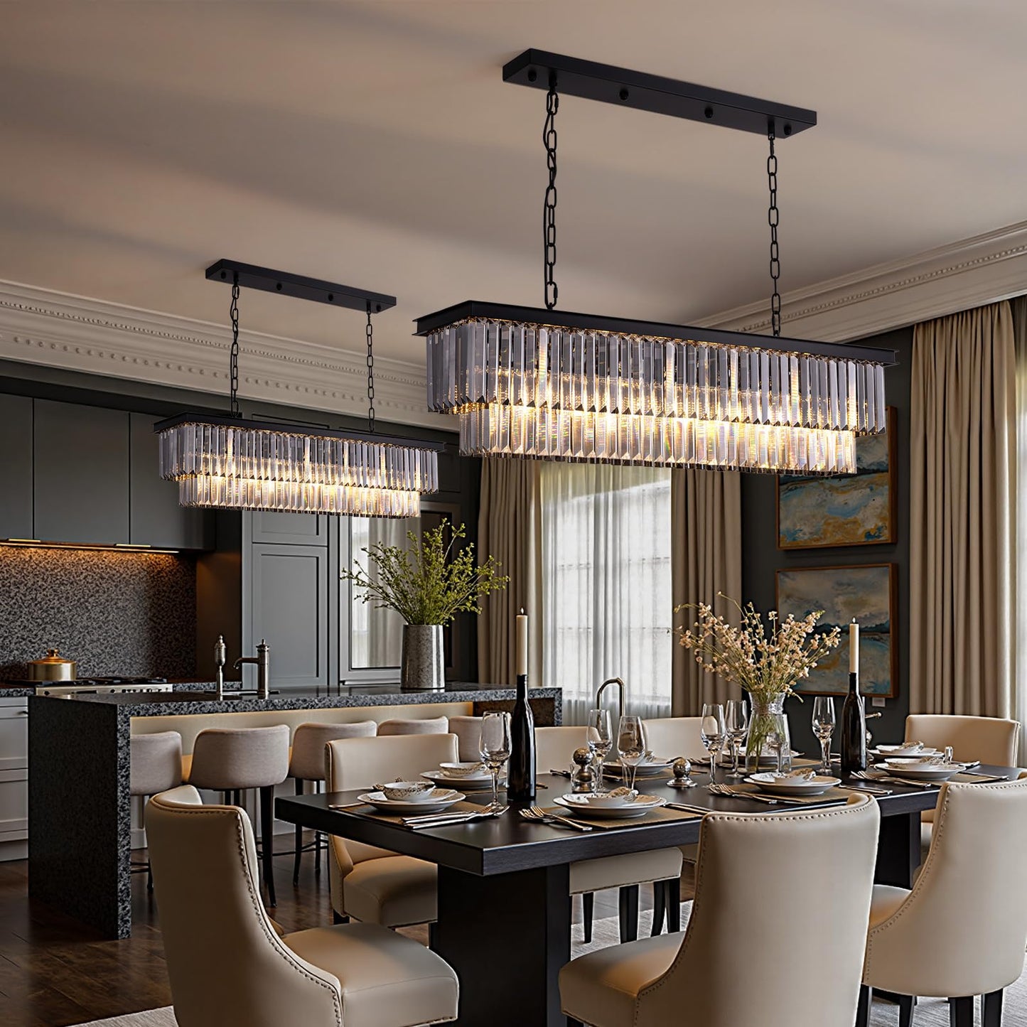 Tinkoso 39-inch Rectangle Crystal Chandeliers for Dining Room,Hanging Ceiling Light for Kitchen Island,Smoky Gray K9 Crystal Pendant Lighting,59-inch Adjustable Wire,Matte Black Finish