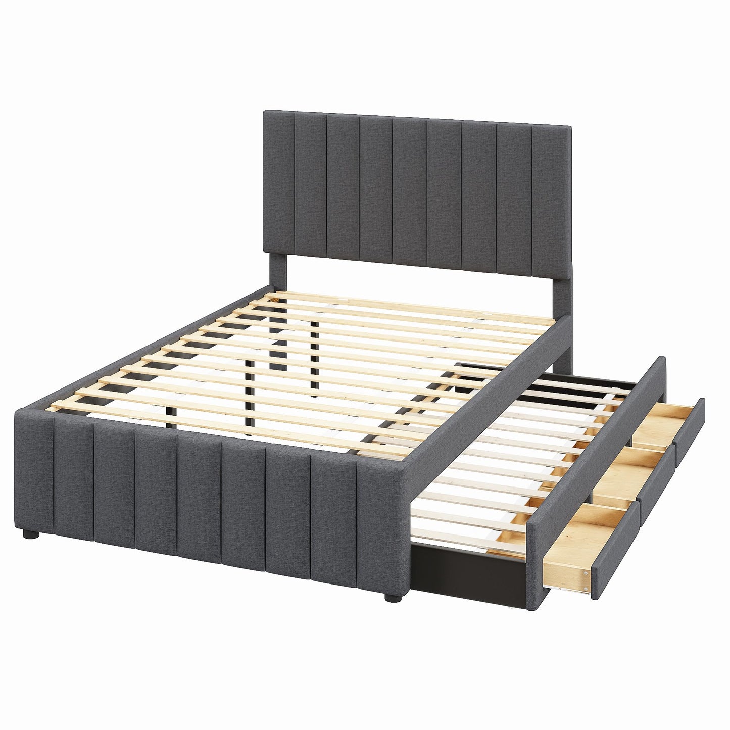 Merax Full Size Upholstered Platform Bed with Trundle and 3 Storage Drawers, Full Bed Frame & Tall Stripe Headboard for Bedroom, Solid Wood Slats Support, No Box Spring Needed, Easy Assembly, Gray