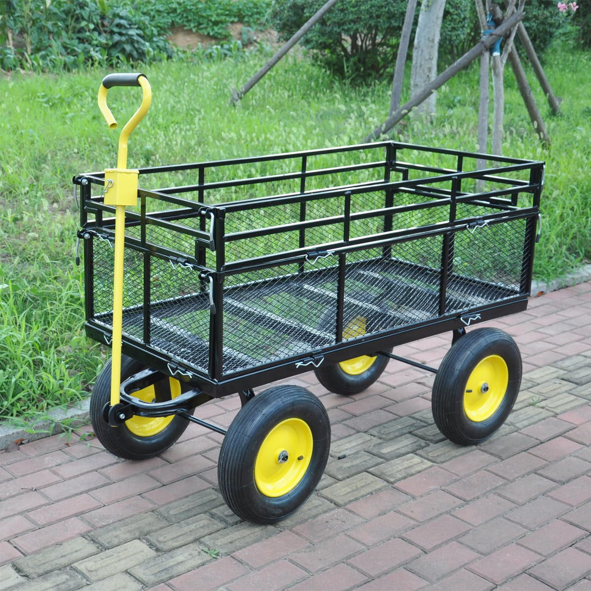 Heavy-Duty Iron Garden Cart Wagon with 1100 lbs Capacity, 15 inch Pneumatic Tires for Firewood, Debris & Outdoor Tasks - 55" L x 24" W x 46.8" H,Yellow & Black
